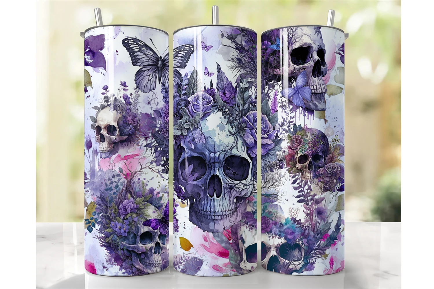 Purple Floral Skulls Halloween 20 oz Tumbler Wrap