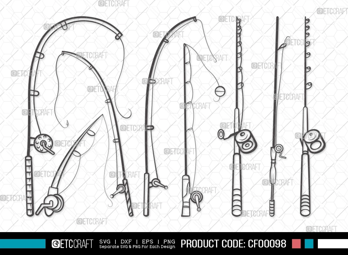 Fishing Rod Outline Pole Hook SVG Cut File Bundle